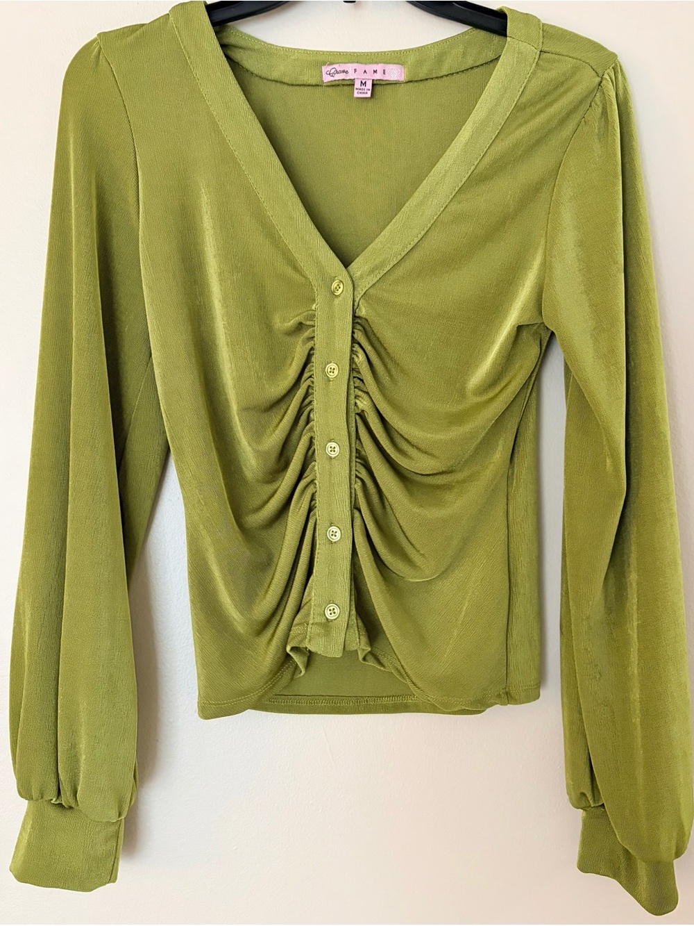 Ami Olive Green Ruched Button-Front V-Neck Top